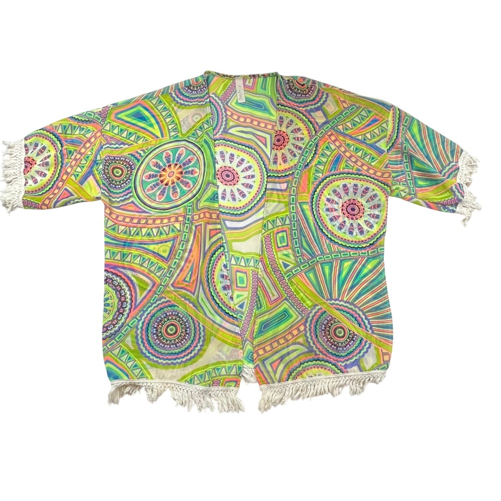 Candy Rose Women Psychedelic Geometric Fringe Kimono Cardigan Multi Color S/M